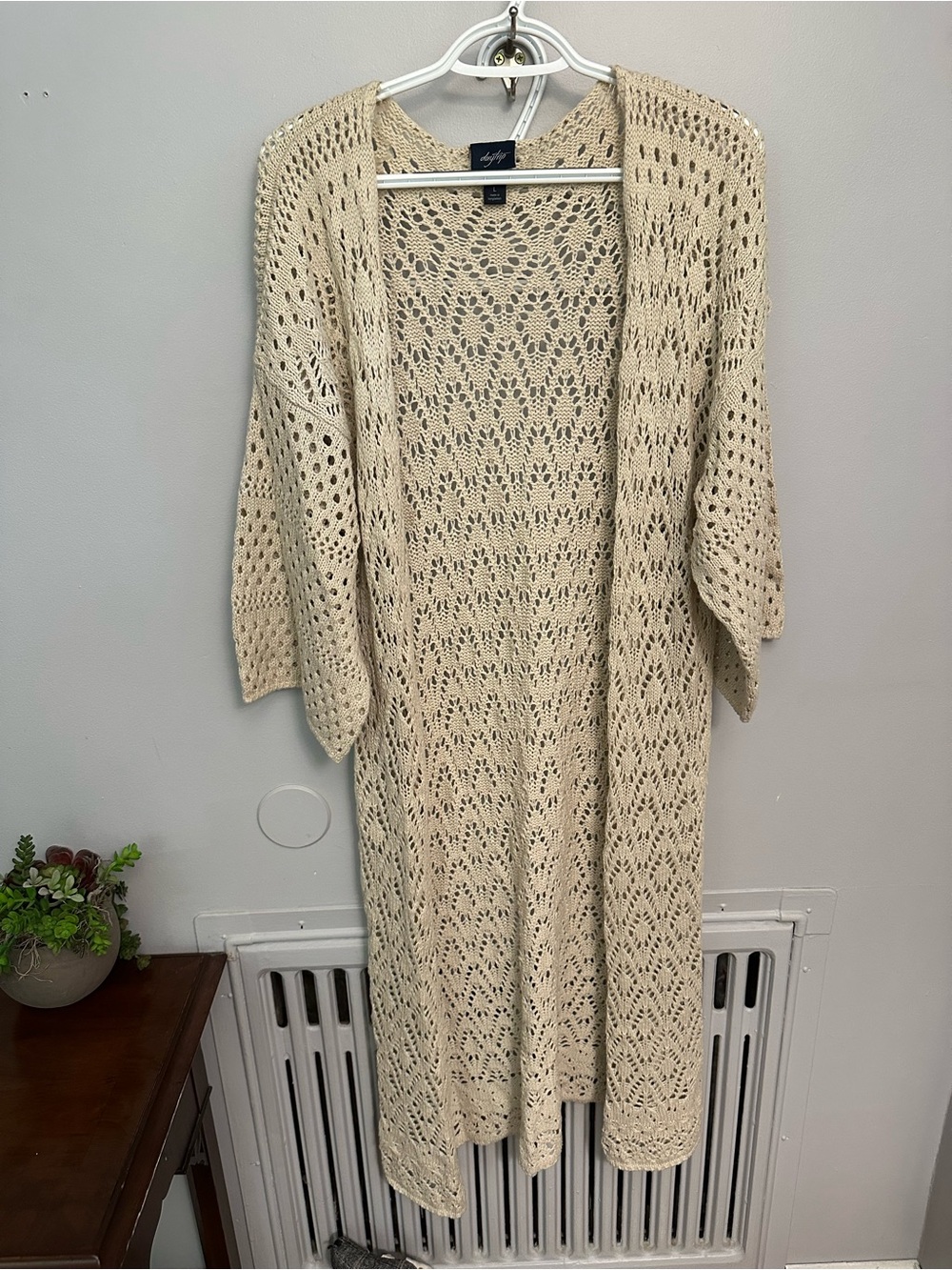 Daytrip Open-Knit Long Cardigan Duster in Cream